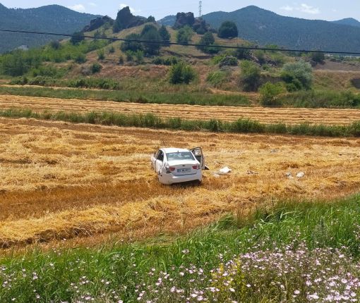  Yoldan çıkan otomobil taklalar atarak arpa tarlasına uçtu 3